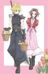  1boy 1girl aerith_gainsborough armor arms_behind_back baggy_pants bandaged_arm bandages bangs basket belt blonde_hair blue_eyes blue_shirt boots border breasts brown_belt brown_gloves buster_sword choker cleavage cloud_strife cropped_jacket dress final_fantasy final_fantasy_vii final_fantasy_vii_remake flower flower_basket flower_choker full_body gloves green_eyes grey_pants hair_between_eyes hair_ribbon highres holding holding_basket jacket kira0902 lily_(flower) long_dress long_hair looking_at_another medium_breasts multiple_belts outdoors pants parted_bangs pink_border pink_dress pink_ribbon puffy_short_sleeves puffy_sleeves red_jacket ribbon shirt short_hair short_sleeves shoulder_armor sidelocks single_bare_shoulder sleeveless sleeveless_turtleneck smile spiked_hair suspenders toned toned_male tulip turtleneck walking wavy_hair weapon weapon_on_back white_background white_flower yellow_flower 