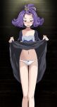  1girl acerola_(pokemon) against_wall ass_visible_through_thighs bare_legs black_dress blush clothes_lift collarbone dress dress_lift flat_chest hair_ornament highres indoors lifted_by_self long_hair looking_down midriff nail_polish navel open_mouth panties pokemon pokemon_(game) pokemon_sm purple_eyes purple_hair purple_nails purple_ribbon ribbon ribbon_panties shiny shiny_hair solo standing stomach thigh_gap tsukishiro_saika underwear wavy_mouth white_panties wooden_wall 