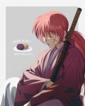  1boy 2022 bangs closed_eyes dated hair_between_eyes hakama happy_birthday himura_kenshin japanese_clothes kimono long_hair long_sleeves low_ponytail male_focus okurase open_mouth red_hair red_kimono rurouni_kenshin scar scar_on_cheek scar_on_face sheath sheathed shiny shiny_hair sitting sleeping solo sword weapon white_hakama wide_sleeves 