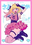  1girl ;d akiyama_enma arm_up black_nails blonde_hair blue_eyes blush boots bow chest_harness collar combat_boots dress fingerless_gloves fishnet_thighhighs fishnets frilled_dress frills gloves gradient_hair hair_bow harness jumping long_hair multicolored_hair nail_polish one_eye_closed open_mouth original plaid plaid_dress ribbon salute smile solo thigh_strap thighhighs translation_request 