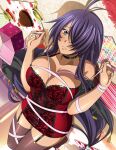  1girl antenna_hair black_collar black_garter_straps black_ribbon breasts brown_thighhighs cleavage closed_mouth collar collarbone dress frown grey_eyes hair_over_one_eye ikkitousen kan&#039;u_unchou large_breasts long_hair looking_at_viewer lying on_back pink_ribbon purple_hair red_dress ribbon shiny shiny_clothes shiny_hair shiny_legwear shiny_skin short_dress sleeveless sleeveless_dress solo thighhighs very_long_hair 
