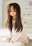  1girl absurdres bangs barefoot blurry blurry_background brown_hair ch1ckpyo closed_mouth grey_eyes highres long_hair long_sleeves original pajamas parted_bangs rug solo waking_up white_pajamas 