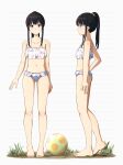  1girl absurdres alternate_hairstyle ball bangs barefoot beachball bikini black_hair breasts cleavage closed_mouth collarbone commentary_request dirty dirty_feet feet floral_print frilled_bikini frills from_side grass green_scrunchie hair_ornament hair_scrunchie highres inoue_takina legs long_hair looking_at_viewer lycoris_recoil multiple_views navel ponytail print_bikini purple_eyes revision scrunchie sidelocks simple_background small_breasts standing stomach swimsuit tbear toes white_background white_bikini 
