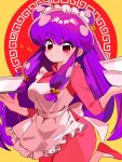  1girl blush_stickers bow breasts chinese_clothes hair_ornament holding holding_tray looking_at_viewer purple_hair ranma_1/2 red_eyes red_footwear sanamaru_(sana79261827) shampoo_(ranma_1/2) solo standing standing_on_one_leg tray waitress yellow_bow 