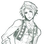  1boy abs asymmetrical_hair bangs bare_shoulders closed_mouth collarbone cropped_vest final_fantasy final_fantasy_xii greyscale looking_to_the_side male_focus monochrome nakagawa_waka parted_bangs pectorals short_hair solo toned toned_male upper_body vaan vest white_background 