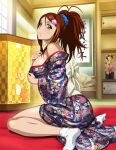  1girl :3 bachou_mouki bangs blue_scrunchie breasts brown_eyes brown_hair closed_mouth floral_print from_side hair_between_eyes hair_ornament hair_scrunchie hairclip head_tilt high_ponytail ikkitousen indoors japanese_clothes kimono large_breasts long_hair print_kimono scrunchie shiny shiny_hair shiny_skin sideboob sitting smile socks solo swept_bangs wariza white_socks 