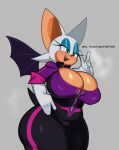  2022 anthro bat big_breasts breasts cleavage clothed clothing dialogue english_text eyeshadow female fiinel gloves green_eyes handwear hi_res huge_breasts lipstick makeup mammal open_mouth open_smile rouge_the_bat sega simple_background smile solo sonic_the_hedgehog_(series) text 