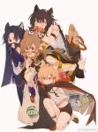  4girls animal_ears arknights bag bag_of_chips baguette bandana bandana_over_mouth beads bread cameo cape ceobe_(arknights) croissant_(arknights) cup_ramen dog_ears dog_girl doughnut earrings english_text exusiai_(arknights) food fox_ears fox_girl highres jewelry latutou1 linked_sausages lunacub_(arknights) mixed-language_text multiple_girls nian_(arknights) oripathy_lesion_(arknights) plastic_bag prayer_beads prosthesis prosthetic_arm quiver saga_(arknights) shorts vermeil_(arknights) white_background wolf_ears wolf_girl 