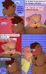  anthro bear belly blush bottomwear brown_body brown_fur clothed clothing comic digital_media_(artwork) domestic_cat duo ear_piercing english_text felid feline felis fur hair heterochromia hi_res kiss_on_lips kissing klenn_(sleepywozzy) looking_at_viewer male male/male mammal matt_(sleepywozzy) mature_anthro navel navel_piercing nipples open_mouth overweight overweight_anthro overweight_male piercing simple_background sleepywozzy smile speech_bubble text topwear 