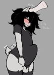  2022 :3 anthro balls big_penis biped black_hair blush bottomless bro bulge canid canine clothed clothing covering covering_crotch covering_self digital_media_(artwork) embarrassed english_text erection erection_under_clothing fur genitals girly grey_background hair hair_over_eye head_pat hi_res legwear male mammal one_eye_obstructed oro97 penis penis_under_shirt red_eyes shy simple_background solo tail_motion tailwag tenting text thigh_highs unnamed_canine_(oro97) white_body white_fur 