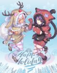  2girls animal_hood apron black_apron black_hair breasts brown_capelet brown_dress brown_footwear brown_gloves capelet cat_hood character_name christmas cleavage_cutout closed_mouth clothing_cutout commentary_request dark-skinned_female dark_skin dress elbow_gloves english_commentary english_text fangs fingerless_gloves fur-trimmed_capelet fur-trimmed_gloves fur-trimmed_hood fur_trim gloves half-closed_eyes happy_holidays high_heels highres holding holding_sack hood hood_up hoof_gloves hoof_shoes indie_virtual_youtuber kiyama_satoshi kuroike_momimi leg_up looking_at_viewer mixed-language_commentary multiple_girls open_mouth over_shoulder pantyhose paw_pose pouch red_dress red_footwear red_gloves reindeer_hood ribbed_dress ribbed_gloves sack short_dress short_hair side_cutout sideboob smile snowflakes standing standing_on_one_leg thighhighs virtual_youtuber waist_apron white_hair white_pantyhose white_thighhighs yellow_eyes 