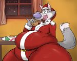  absurd_res anthro belly belly_expansion belly_overhang big_belly canid canine canis christmas christmas_clothing christmas_cookies christmas_headwear clothing cookie cookie_crisp costume crisp_the_wolf eating eating_feces expansion feces food fur grey_body grey_fur hat headgear headwear hi_res holidays huge_hips huge_thighs inside looking_down looking_pleasured male mammal overweight overweight_male remmyfox santa_costume santa_hat santa_suit snow snowing solo thick_tail thick_thighs tight_clothing tongue tongue_out toony weight_gain wide_hips wolf 