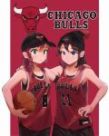  2girls arm_around_shoulder arm_warmers asymmetrical_legwear ball bangs bare_shoulders baseball_cap basketball basketball_jersey basketball_uniform beanie black_hair black_headwear black_shirt black_shorts blue_eyes blush braid breasts brown_hair carrying carrying_under_arm chicago_bulls closed_mouth collarbone commentary copyright_name cowboy_shot english_commentary english_text expressionless green_eyes hand_on_hip hands_on_hips hat highres holding holding_ball logo looking_at_viewer medium_breasts medium_hair multiple_girls national_basketball_association original ozido parted_lips pom_pom_(clothes) ponytail red_background red_hair red_shirt shirt shorts side-by-side side_braid simple_background single_arm_warmer single_braid sleeveless sleeveless_shirt small_breasts sportswear standing undershirt 