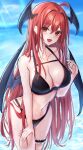  .me 1girl :d ahoge bad_anatomy bad_hands bat_wings bikini black_bikini black_wings breasts cleavage fangs highres koakuma large_breasts long_hair looking_at_viewer multiple_wings navel open_mouth outdoors red_eyes red_hair smile solo standing swimsuit thigh_strap touhou wings 