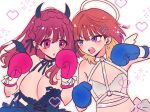  2girls akiyama_enma angel_and_devil angel_wings blonde_hair blue_eyes boxing_gloves braid breasts brown_hair chest_harness cleavage colored_inner_hair crop_top crown_braid demon_horns demon_wings dress earrings eye_contact fighting flat_chest hair_ornament hairclip halo harness heart heart_background highres horns jewelry kimi_ni_koisuru_satsujinki large_breasts long_hair looking_at_another multicolored_hair multiple_girls neck_ribbon o-ring open_mouth orange_hair pink_eyes ribbon star_(symbol) star_earrings tareme tsurime upper_body wings x_hair_ornament 