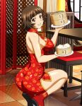  1girl bangs bare_arms blunt_bangs breasts brown_hair checkered_floor china_dress chinese_clothes chouhi_ekitoku dress feet_out_of_frame floral_print from_side grin holding ikkitousen indoors large_breasts looking_at_viewer print_dress red_dress red_eyes red_footwear shiny shiny_hair shiny_skin short_dress short_hair shoulder_blades sideboob sleeveless sleeveless_dress smile solo squatting 