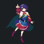  4qw5 belt black_background black_eyes cape closed_mouth full_body highres index_finger_raised long_sleeves looking_at_viewer multicolored_clothes multicolored_hairband pixel_art purple_footwear simple_background tenkyuu_chimata touhou 