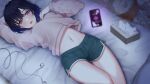  1girl bed black_hair blue_hair cellphone colored_inner_hair dolphin_shorts earphones highres ichinose_uruha looking_at_viewer lying midriff multicolored_hair navel on_back open_mouth phone short_hair shorts smartphone solo sweater tissue_box touki_(tsuitta) virtual_youtuber vspo! 