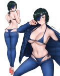  1girl absurdres artist_name bangs bikini black_hair blue_bikini blue_jacket blue_pants breasts chainsaw_man denim denim_bikini denim_eyepatch denim_jacket dismaiden green_eyes high_heels highres himeno_(chainsaw_man) jacket large_breasts looking_at_viewer looking_back pants pants_partially_removed short_hair simple_background smile solo swimsuit white_background 