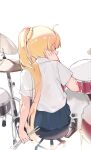  1girl ahoge back blonde_hair bocchi_the_rock! collared_shirt cymbals drum drum_set drumsticks from_behind hair_ornament hair_scrunchie highres ijichi_nijika instrument long_hair school_uniform scrunchie shirt side_ponytail simple_background sitting solo sweat white_background white_shirt yuan_(ziranran) 