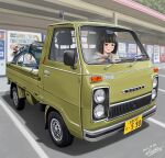  1girl black_hair bob_cut chopsticks commentary day eating flick_(sal23) ground_vehicle highres honda_super_cub hood hoodie instant_ramen koguma_(super_cub) motor_vehicle outdoors parking_lot pickup_truck short_hair solo super_cub truck vehicle_focus vending_machine 