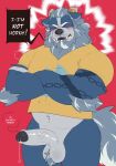  2022 annoyed anthro aroused badger balls beard big_balls big_muscles big_penis blush bodily_fluids bottomless clothed clothing crossed_arms dripping english_text erection eyebrows eyes_closed facial_hair flustered foreskin fur genital_fluids genitals hair hi_res horn horn_jewelry horn_ring howlitebadger humanoid_genitalia humanoid_penis humor kiba24 male mammal muscular muscular_anthro muscular_male mustelid musteline penis pink_background precum precum_drip precum_string pubes reaction_image ring_(jewelry) shirt simple_background solo standing tattoo teeth text thick_thighs topwear tuft whiskers 