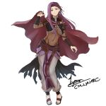  1girl alternate_costume artist_name bodystocking breasts cape circlet cm_lynarc cosplay covered_navel deen_(fire_emblem_gaiden) earrings fire_emblem fire_emblem_echoes:_shadows_of_valentia fire_emblem_heroes jewelry large_breasts long_hair looking_at_viewer pants purple_eyes purple_hair sandals signature simple_background skin_tight smile solo sonya_(fire_emblem) tiara white_background 
