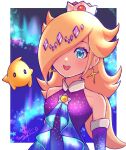  1girl blonde_hair blue_eyes brooch crown dress earrings elbow_gloves gloves hair_over_one_eye highres jewelry long_hair luma_(mario) mario_(series) mario_kart mario_kart_tour nonoworks official_alternate_costume open_mouth purple_dress rosalina signature sleeveless sleeveless_dress star_(symbol) star_earrings teeth upper_body upper_teeth_only 