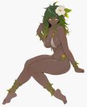  1girl amalia_sheran_sharm barefoot bikini breasts cheshirrr collarbone dark-skinned_female dark_skin flower full_body green_hair grey_background hair_between_eyes hair_flower hair_ornament large_breasts long_hair looking_at_viewer sadida simple_background sitting solo swimsuit toenails toes wakfu white_bikini yellow_eyes 