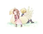  1boy 1girl aerith_gainsborough bangs blonde_hair blue_pants blue_shirt bluelimbo8888 boots braid braided_ponytail brown_footwear brown_hair chibi chocobo choker closed_eyes cloud_strife dress final_fantasy final_fantasy_vii final_fantasy_vii_remake flower_choker full_body hair_ribbon jacket long_dress long_hair outdoors pants parted_bangs pink_dress pink_ribbon red_jacket ribbon shirt short_hair short_sleeves sidelocks sitting sleeping sleeveless sleeveless_turtleneck spiked_hair suspenders turtleneck 