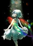  1girl ahoge akinomiya_asuka bangs black_hair commentary_request dress frilled_dress frills highres hollow_song_of_birds light_particles looking_back multicolored_hair open_mouth original rainbow short_hair sleeveless sleeveless_dress solo torisumi_horou touhou white_dress white_hair yellow_eyes 