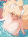  1girl bare_arms bikini blonde_hair blush breasts cleavage closed_mouth curvy from_above hair_between_eyes highres huge_breasts inflatable_toy innertube large_breasts long_hair looking_at_viewer mofu_mofuko_(ryusei_hashida) original pool red_eyes ryusei_hashida shiny shiny_skin skindentation solo swimsuit thighs twintails upturned_eyes very_long_hair wading water wet white_swimsuit 