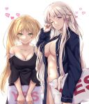  2girls azur_lane bangs bare_shoulders black_shirt blonde_hair blush breasts closed_mouth collarbone commentary_request enchuu_kakiemon enterprise_(azur_lane) green_eyes grey_hair heart highres holding holding_pillow hornet_(azur_lane) large_breasts long_hair long_sleeves looking_at_viewer multiple_girls navel off_shoulder one_eye_closed open_clothes parted_lips pillow purple_eyes shirt simple_background smile white_background 