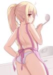  1girl ahoge apron back bangs bare_shoulders blonde_hair blush bocchi_the_rock! breasts commentary_request cooking_pot highres ijichi_nijika ladle long_hair looking_at_viewer looking_back nearly_naked_apron panties pink_apron red_eyes shimokirin side_ponytail sidelocks small_breasts solo stove thighs underwear white_panties 