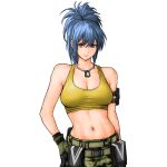  1girl arm_at_side arm_holster bare_shoulders belt black_gloves blue_eyes blue_hair breasts camouflage camouflage_pants cleavage cowboy_shot crop_top dog_tags gloves hair_between_eyes hand_on_hip highres large_breasts leona_heidern long_hair looking_at_viewer midriff navel pants shirt sleeveless sleeveless_shirt solo the_king_of_fighters the_king_of_fighters_xiv the_king_of_fighters_xv white_background wide_ponytail x_chitch yellow_shirt 