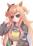  1girl animal_ears aviator_sunglasses bangs bomber_jacket crop_top crop_top_overhang dog_tags green_jacket highres horse_ears jacket jungle light_blush long_hair long_sleeves looking_at_viewer mayano_top_gun_(umamusume) nature navel open_clothes open_jacket open_mouth orange_hair simple_background solo sunglasses two_side_up umamusume upper_body white_background yukke_jan 