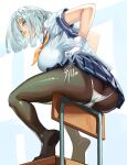  1girl ass black_pantyhose blue_eyes blue_sailor_collar blue_skirt breasts chair closed_mouth commentary_request gloves hair_between_eyes hair_ornament hair_over_one_eye hairclip hamakaze_(kancolle) highres huge_breasts kantai_collection looking_at_viewer neckerchief panties panties_over_pantyhose pantyhose pleated_skirt sailor_collar school_chair school_uniform serafuku short_hair short_sleeves side-tie_panties simple_background simplecar sitting skirt solo underwear white_gloves white_panties yellow_neckerchief 