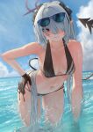  1girl absurdres bangs bikini black_bikini black_gloves black_ribbon blue_archive blush breasts cleavage closed_mouth cloud commentary day eyewear_on_head gloves hair_between_eyes hair_over_one_eye hair_ribbon halo hand_on_hip highres iori_(blue_archive) iori_(swimsuit)_(blue_archive) koseikogani leaning_forward long_hair looking_at_viewer medium_breasts pointy_ears red_eyes ribbon side-tie_bikini_bottom sky solo sunglasses swimsuit twintails very_long_hair wading water wet 