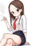 1girl arm_support bangs between_fingers black_skirt blush breasts brown_eyes brown_hair cigarette collared_shirt crossed_legs feet_out_of_frame forehead highres holding holding_cigarette karakai_jouzu_no_takagi-san long_hair long_sleeves looking_at_viewer necktie note2000 panties parted_bangs pencil_skirt red_necktie shadow shirt simple_background sitting skirt small_breasts smoke solo takagi-san underwear white_background white_panties white_shirt 