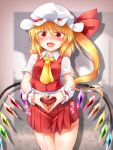  1girl alternate_breast_size ascot blonde_hair blurry blurry_background blush breasts buttons collared_shirt cowboy_shot crystal dress_shirt fang fangs flandre_scarlet hair_between_eyes hat hat_ribbon heart heart_hands highres long_hair marukyuu_ameya medium_breasts miniskirt mob_cap multicolored_wings nail_polish nose_blush pussy_juice red_eyes red_nails red_ribbon red_skirt red_vest ribbon shirt short_sleeves skin_fang skirt solo touhou vest white_shirt wings wrist_cuffs yellow_ascot 