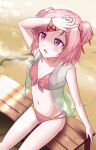  1girl absurdres arm_at_side armpits artist_name ass_visible_through_thighs bangs bare_shoulders beach bench bikini blurry blush bob_cut bokeh bow bow_bikini bracelet breasts broly_matsumoto cleavage collarbone commentary depth_of_field doki_doki_literature_club from_above green_vest hair_ornament hair_ribbon hair_strand hand_to_own_face hand_up highres jewelry looking_afar looking_up natsuki_(doki_doki_literature_club) on_bed open_clothes open_mouth open_vest parted_lips pink_hair purple_eyes red_ribbon ribbon sand see-through shaded_face shading_eyes short_hair signature sitting small_breasts solo swept_bangs swimsuit two_side_up vest x_hair_ornament 