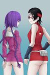  2girls armor arms_behind_back ass back bare_legs black_eyes black_hair boruto:_naruto_next_generations breasts cleavage dou dress glasses hand_on_hip highres holding_own_arm japanese_armor kakei_sumire lips looking_at_viewer looking_back mana_(manasenshou) multiple_girls naruto_(series) no_panties ow_twintails purple_eyes purple_hair red_dress sailor_collar sailor_dress short_dress short_hair thighs twintails uchiha_sarada 