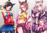  3girls ahoge animal_ears armband asymmetrical_clothes bandaid bandaid_on_face bandeau bangs biwa_hayahide_(umamusume) black_hair black_shirt blue_eyes blue_skirt breasts brown_hair closed_mouth clothes_around_waist cowboy_shot flat_chest frown fur-trimmed_jacket fur_trim glass grey_hair hair_ornament hair_tubes hairclip half-skirt hand_on_hip hand_up highres horse_ears horse_girl horse_tail horseshoe jacket kotorimyuu large_breasts long_sleeves looking_at_viewer midriff multiple_girls narita_taishin_(umamusume) navel open_mouth parted_bangs partially_unzipped pink_jacket purple_skirt red_eyes red_jacket semi-rimless_eyewear shirt short_hair signature single_pantsleg skirt sleeveless sleeveless_jacket small_breasts smile tail tied_shirt umamusume v-neck winning_ticket_(umamusume) wristband yellow_eyes 