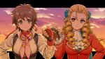  2girls antenna_hair ascot blonde_hair blue_bow bow breasts brown_eyes brown_hair clenched_hand cloud cloudy_sky collared_shirt fingerless_gloves fist_bump gloves hair_between_eyes hair_bow hand_on_hip headband headset highres jacket kanzuki_karin kasugano_sakura letterboxed long_hair long_sleeves looking_at_another medium_breasts multiple_girls outdoors pink_scarf red_gloves red_headband red_jacket ringlets scarf shirt short_hair sky smile street_fighter sunset underbust upper_body white_ascot white_shirt x_chitch 