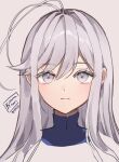  1girl 86_-eightysix- antenna_hair bangs blue_shirt closed_mouth commentary dated english_commentary grey_background grey_eyes grey_hair hair_between_eyes highres kobutanori long_hair looking_at_viewer portrait shirt signature simple_background solo turtleneck vladilena_millize 