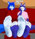  5_toes anthro barefoot big_breasts breasts canid canine clothed clothing delightultrasonic duo english_text feet female female/female foot_fetish foot_focus fox fully_clothed hi_res humanoid_feet krystal krystal_aoki mammal nintendo plantigrade sitting small_breasts soles star_fox text toes video_games 