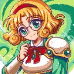  1girl armor artist_name blonde_hair bow bowtie closed_mouth commentary curly_hair glasses green_background green_eyes green_shirt hairband head_tilt hiroita hououji_fuu looking_at_viewer lowres magic_knight_rayearth pixel_art red_bow red_hairband round_eyewear shiny shiny_hair shirt short_hair smile solo split_mouth upper_body 