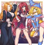  3girls ahoge arm_behind_head background_text black_capelet black_corset black_kimono bleach blonde_hair blue_dress blue_eyes blue_footwear blue_headwear boots border breasts capelet cleavage closed_mouth collared_shirt corset crossover dark_magician_girl dress english_commentary english_text gold_choker green_eyes hair_between_eyes hand_on_hip hand_on_own_thigh hat heart high_school_dxd holding holding_wand japanese_clothes katana kimono knee_boots kuoh_academy_school_uniform large_breasts long_hair looking_at_viewer matsumoto_rangiku mole mole_under_mouth multiple_girls one_eye_closed orange_hair outside_border parted_lips patreon_username pink_shawl pink_skirt pleated_skirt red_hair red_skirt redjet rias_gremory school_uniform shawl sheath sheathed shirt simple_background skirt smile standing standing_on_one_leg sword wand weapon white_border white_hair wizard_hat yu-gi-oh! 