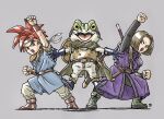  3boys armor bangs belt black_footwear black_gloves black_pants black_shirt black_sleeves blue_tunic blunt_ends boots breastplate brown_footwear brown_hair cape chrono_trigger clenched_hands colored_skin crono_(chrono_trigger) crossover dragon_quest dragon_quest_xi frog_(chrono_trigger) frog_boy full_body furrowed_brow gloves green_footwear green_skin grey_background grey_cape grey_pants grey_shirt headband hero_(dq11) highres horizontal_pupils jacket lace-up_legwear long_sleeves male_focus multicolored_skin multiple_belts multiple_boys neckerchief orange_neckerchief outstretched_arms pants parted_bangs purple_jacket raised_fist red_hair scabbard sheath shield shirt short_hair short_sleeves shouting sleeveless sleeveless_jacket spiked_hair sword toriyama_akira_(style) two-tone_skin weapon weapon_on_back white_headband white_pants white_skin wristband yellow_eyes yuto_sakurai 