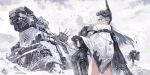  1girl absurdres cape dog_tags english_commentary goddess_of_victory:_nikke highres long_hair machine machinery maridix mechanical_hands ruins sky snow_white_(nikke) snowing solo turret visor_(armor) weapon white_hair yellow_eyes 